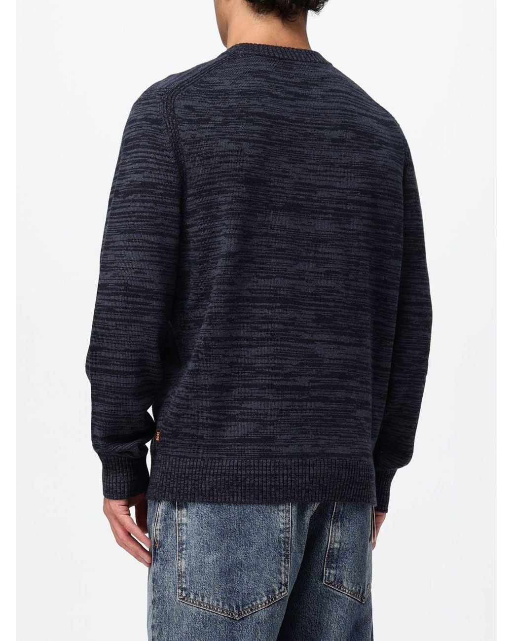 Boss Blue Abstract Pattern Virgin Wool Crew-Neck Jumper With Ribbed Trims for men
