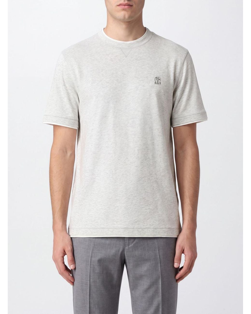 Brunello Cucinelli Gray Slim Fit Cotton T-Shirt With Contrast Logo And Trims for men