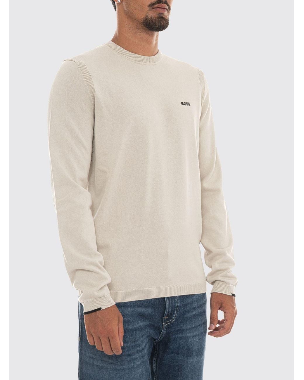 Boss Natural Slim Fit Cotton Crew-Neck Jumper With Contrasting Logo for men