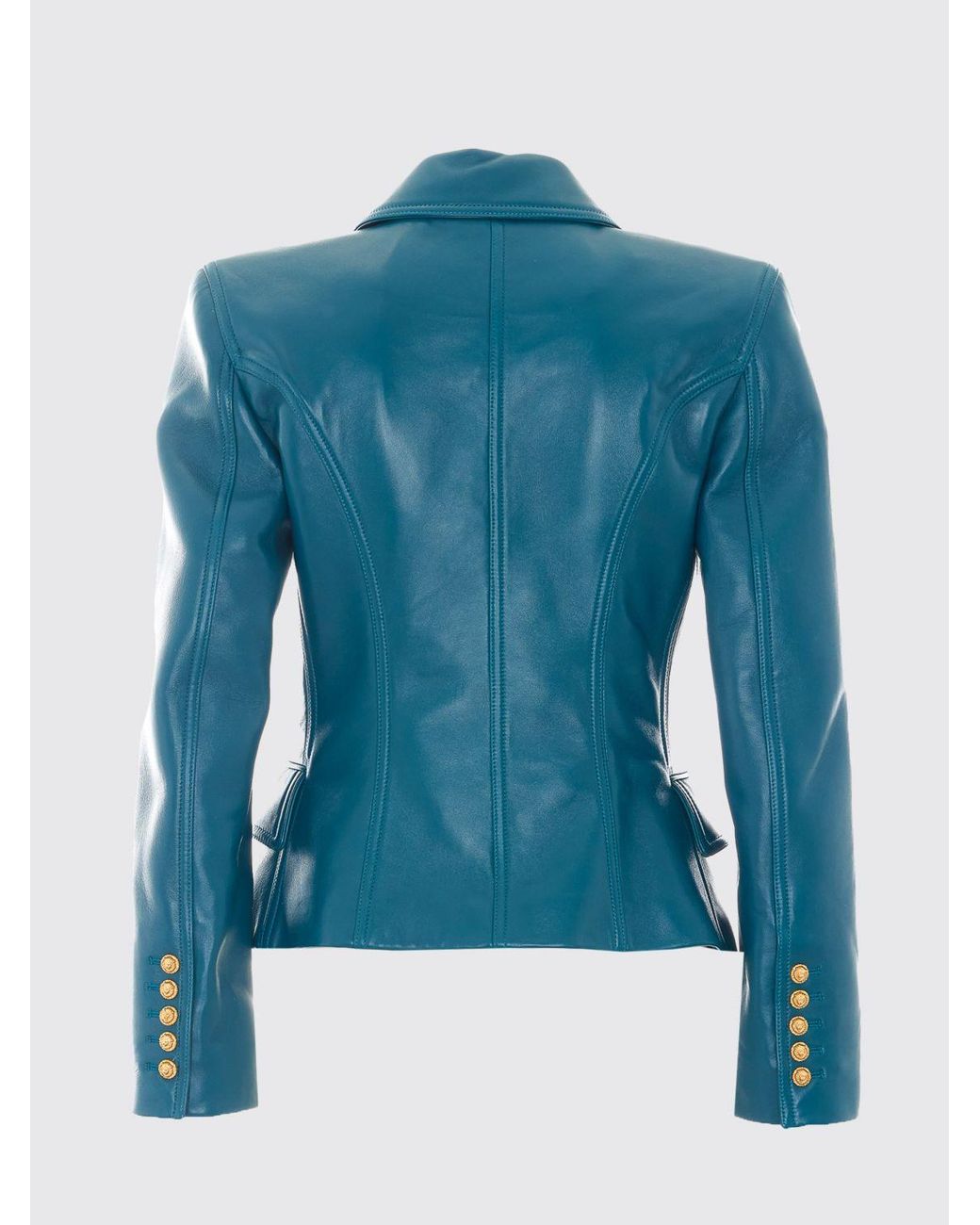 Balmain Blue Double-Breasted Lambskin Leather Blazer With Peak Lapels And Padded Shoulders