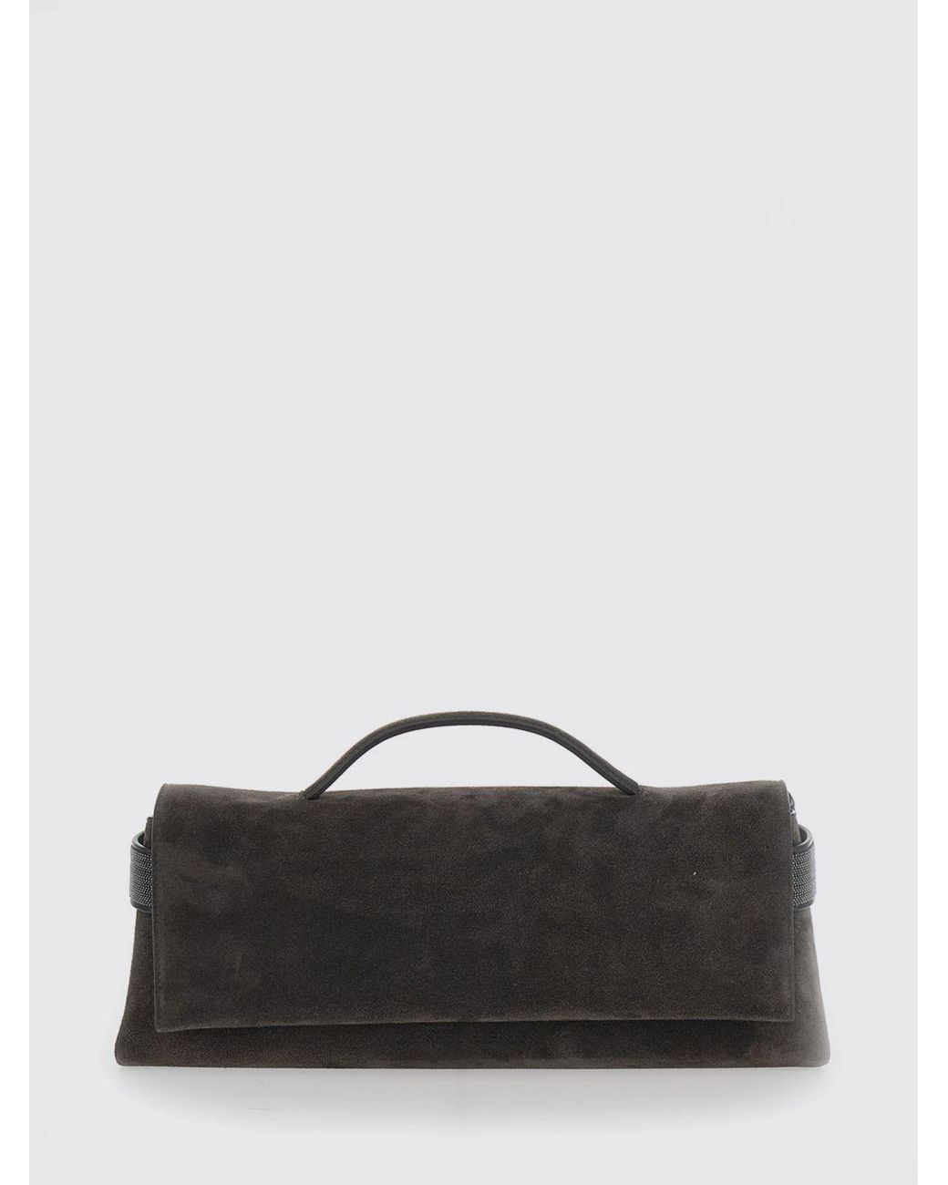 Brunello Cucinelli Black Suede Calfskin Clutch With Monili Embellishment