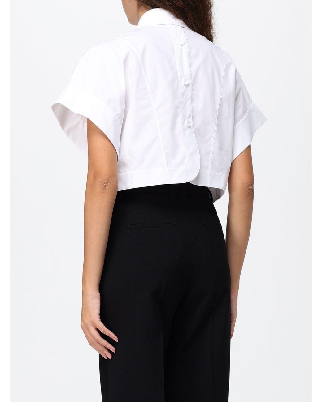 Fendi White Cropped Cotton Poplin Shirt With Patch Pocket And Short Sleeves
