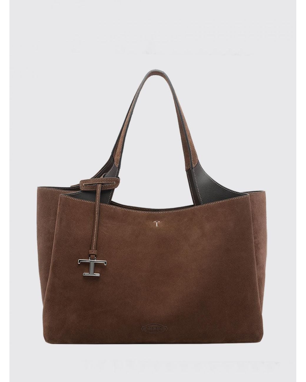 Tod's Brown Suede Leather Shoulder Bag With Double Handle And T Timeless Logo