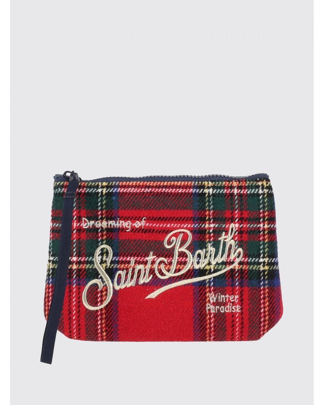 Mc2 Saint Barth Red Aline Tartan Print Neoprene Mini Handbag With Logo