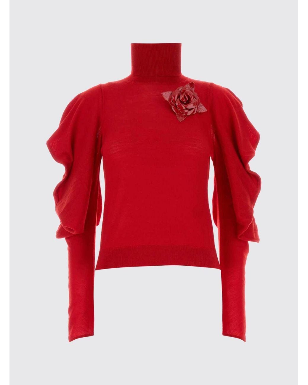 Blumarine Red Wool Turtleneck Jumper With Flower Appliqué And Puff Shoulders