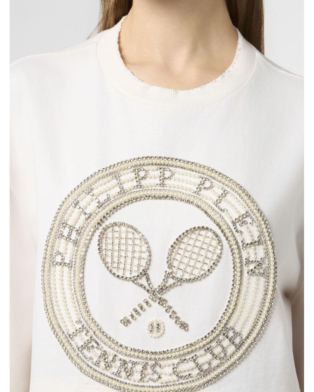 Philipp Plein White Tennis Club Cropped Cotton T-Shirt With Rhinestones And Pearls