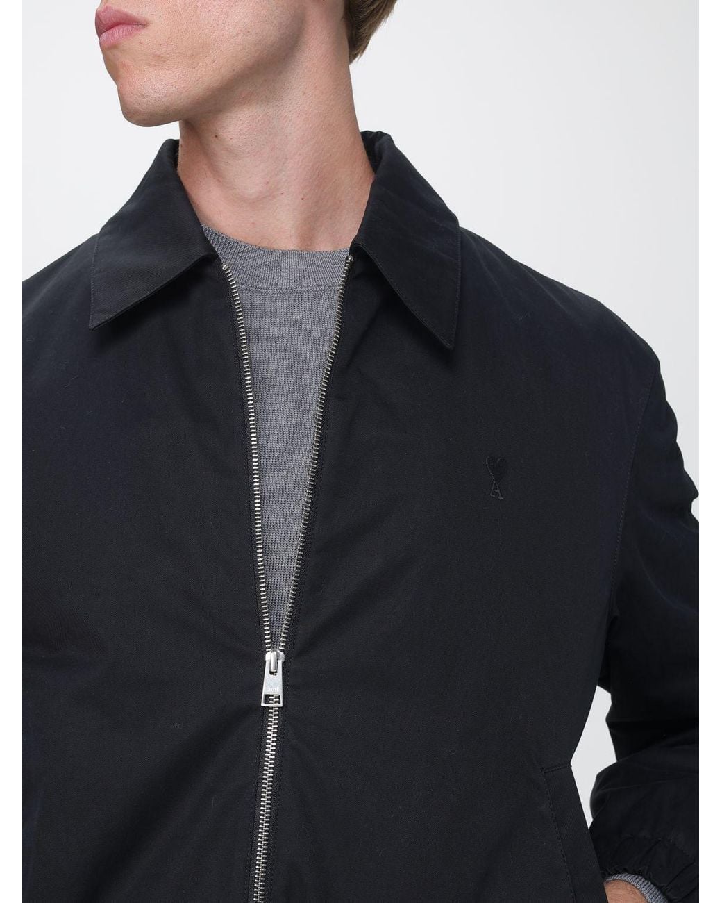 AMI Blue Cotton Bomber Jacket With Embroidered Logo And Zip Closure for men