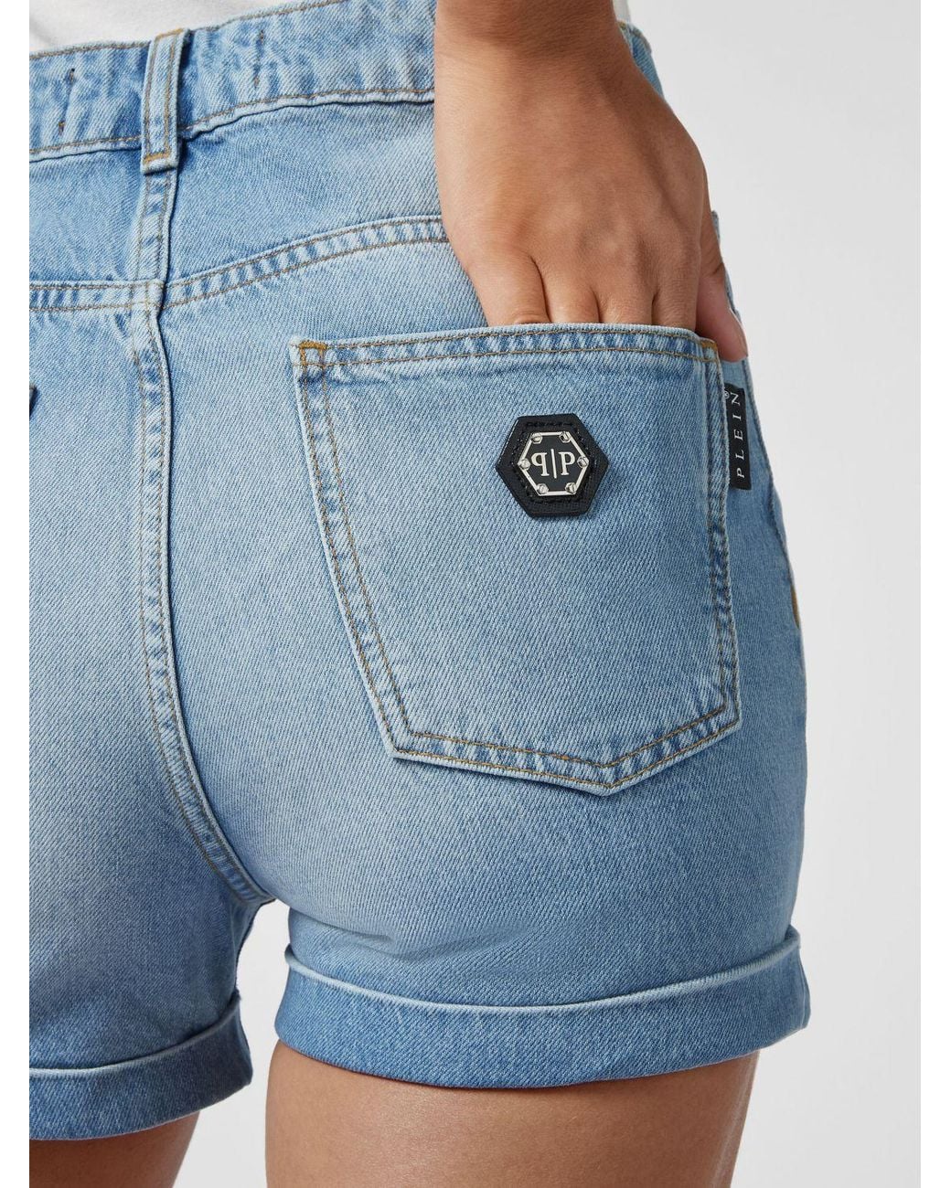 Philipp Plein Blue High-Waisted Slim Fit Denim Shorts With Five Pockets