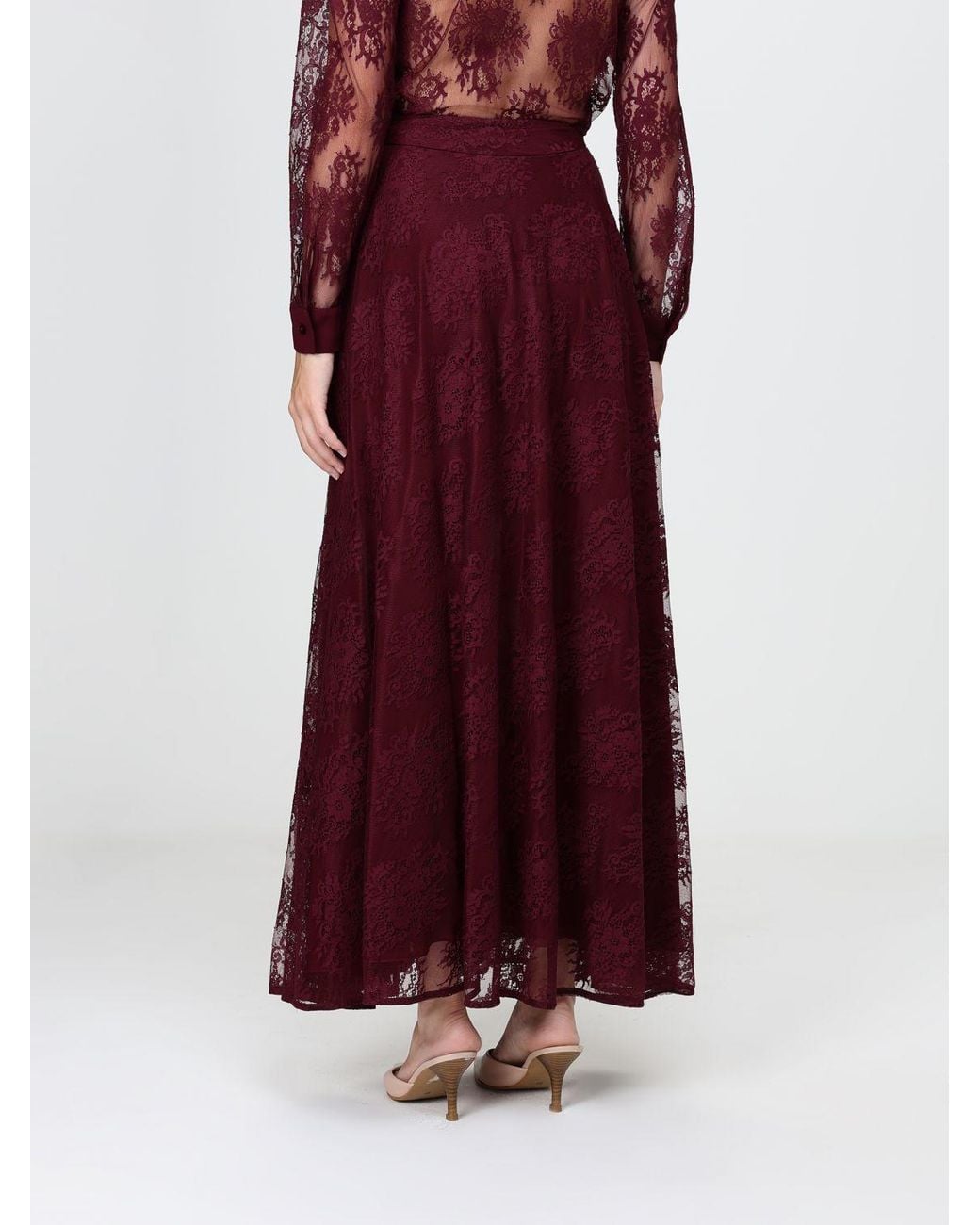 Hanita Red High-Waisted A-Line Long Lace Skirt With Concealed Closure