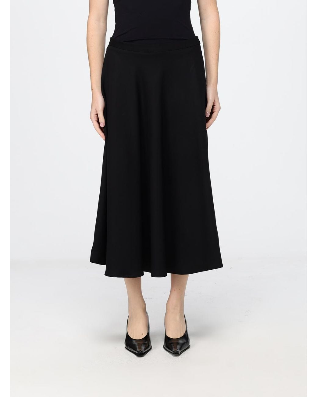 Crida Milano Black Cristina High-Waisted Wool Midi Flare Skirt With Pockets