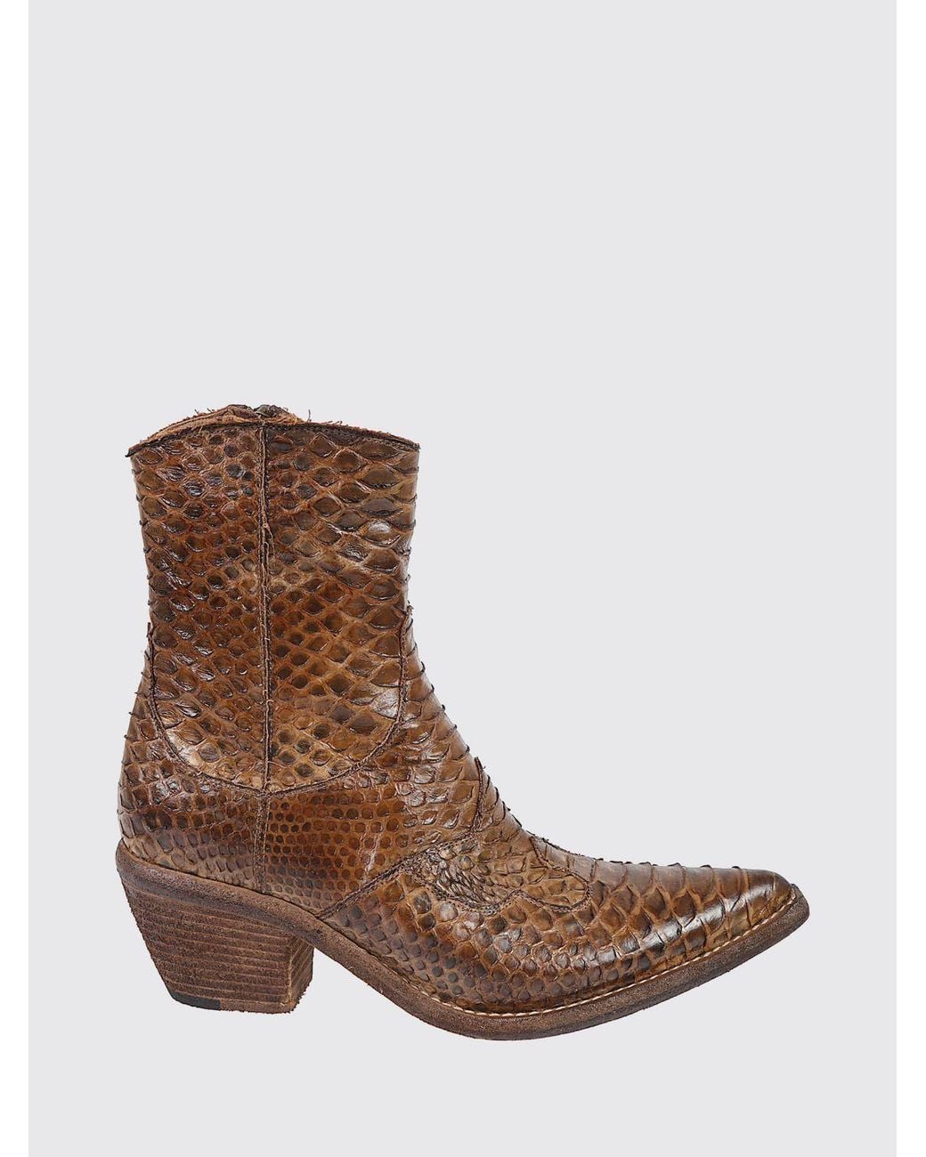 Fauzian Jeunesse Brown Python-Print Leather Western Boots With Mid Heel