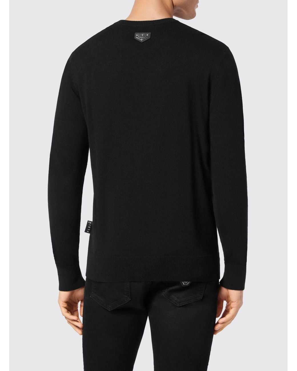 Philipp Plein Black Wool And Cotton Blend Crewneck Jumper With All-Over Jacquard Logo Pattern for men