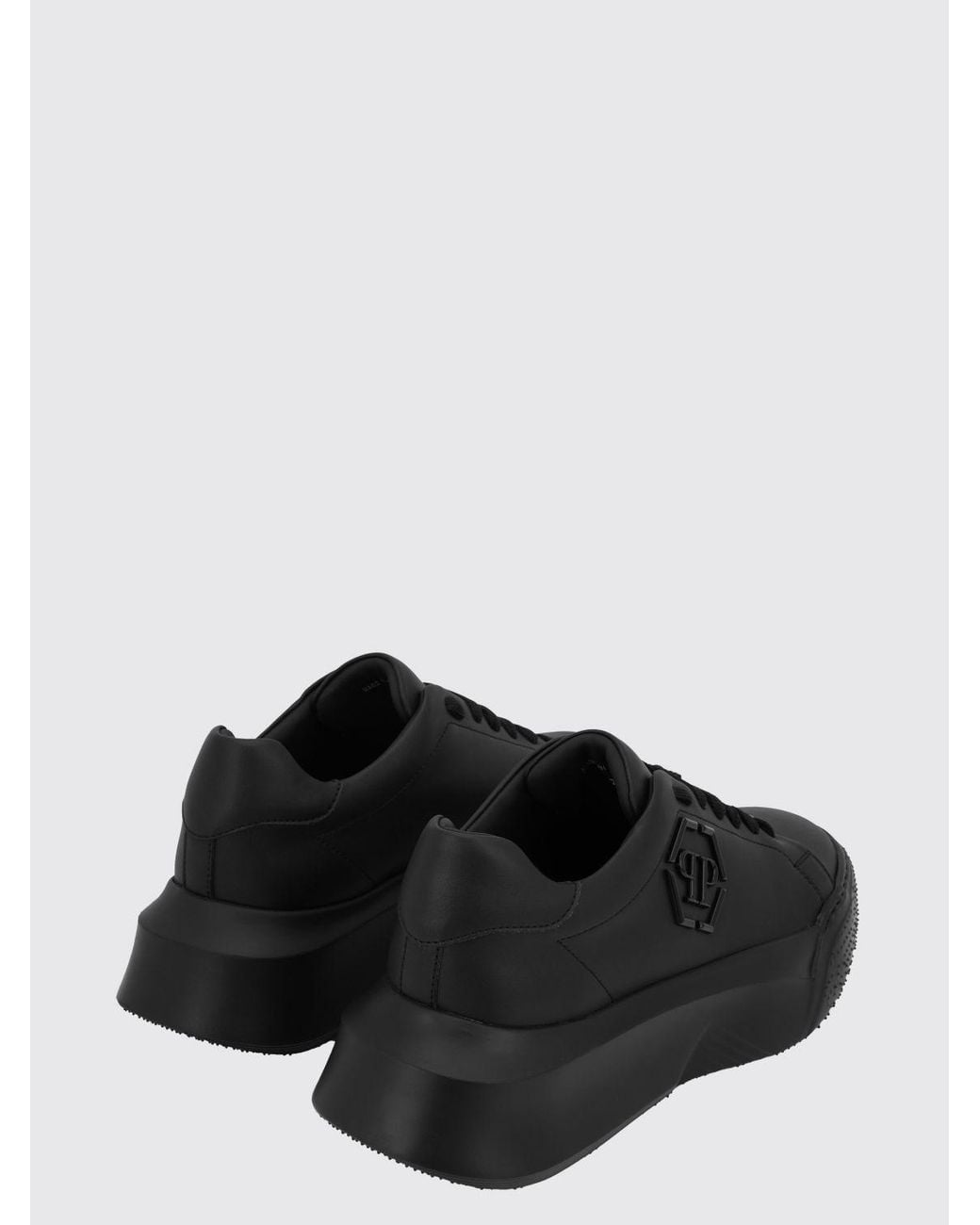 Philipp Plein Black Low-Top Leather Sneakers With Hexagon Logo And Platform Sole for men