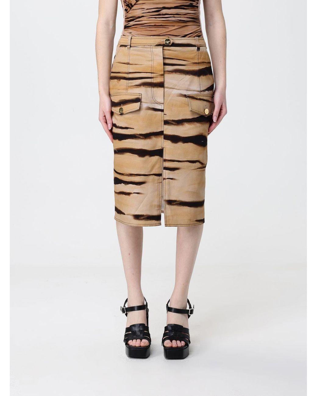 Elisabetta Franchi Natural Animal Print Stretch Cotton Midi Skirt