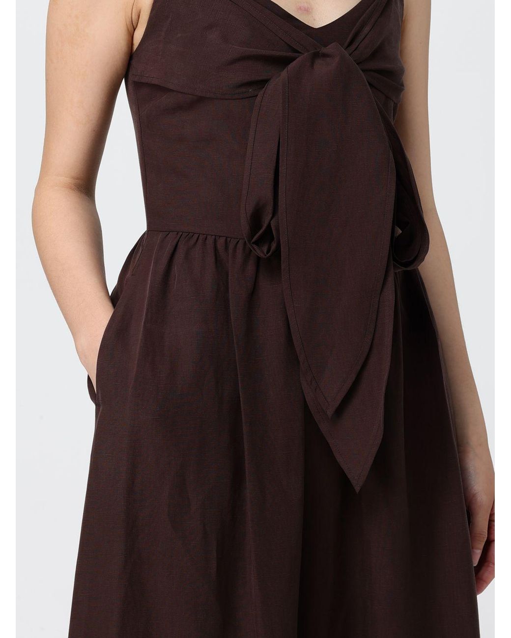 Liu Jo Brown Long Cotton Off-The-Shoulder Dress With Tie-Waist Belt