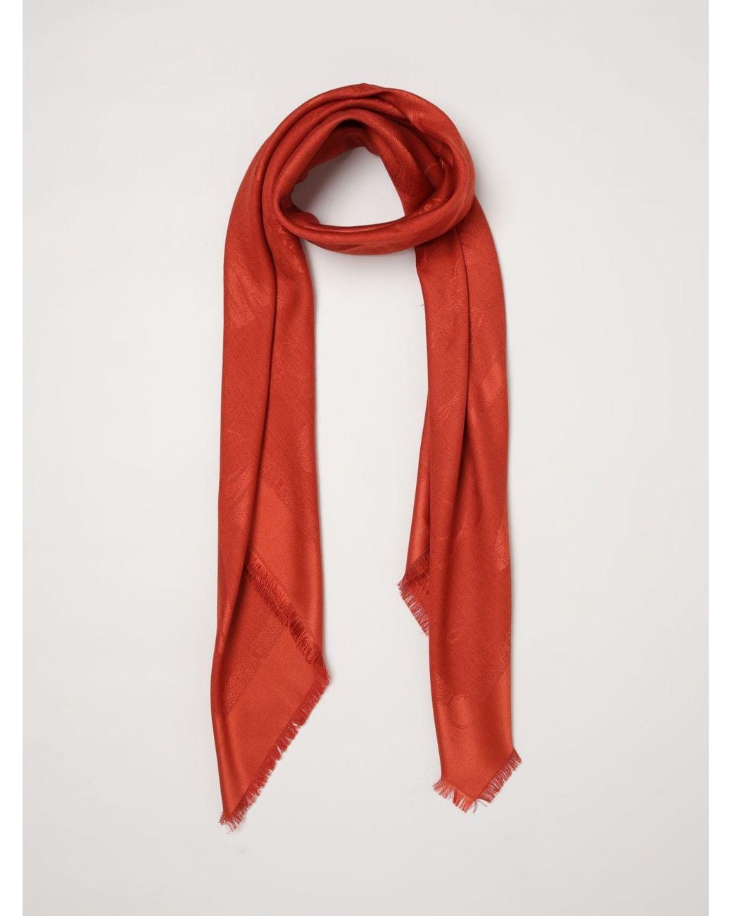 Etro Red Square Silk And Wool Scarf With Jacquard Pattern And Frayed Edges