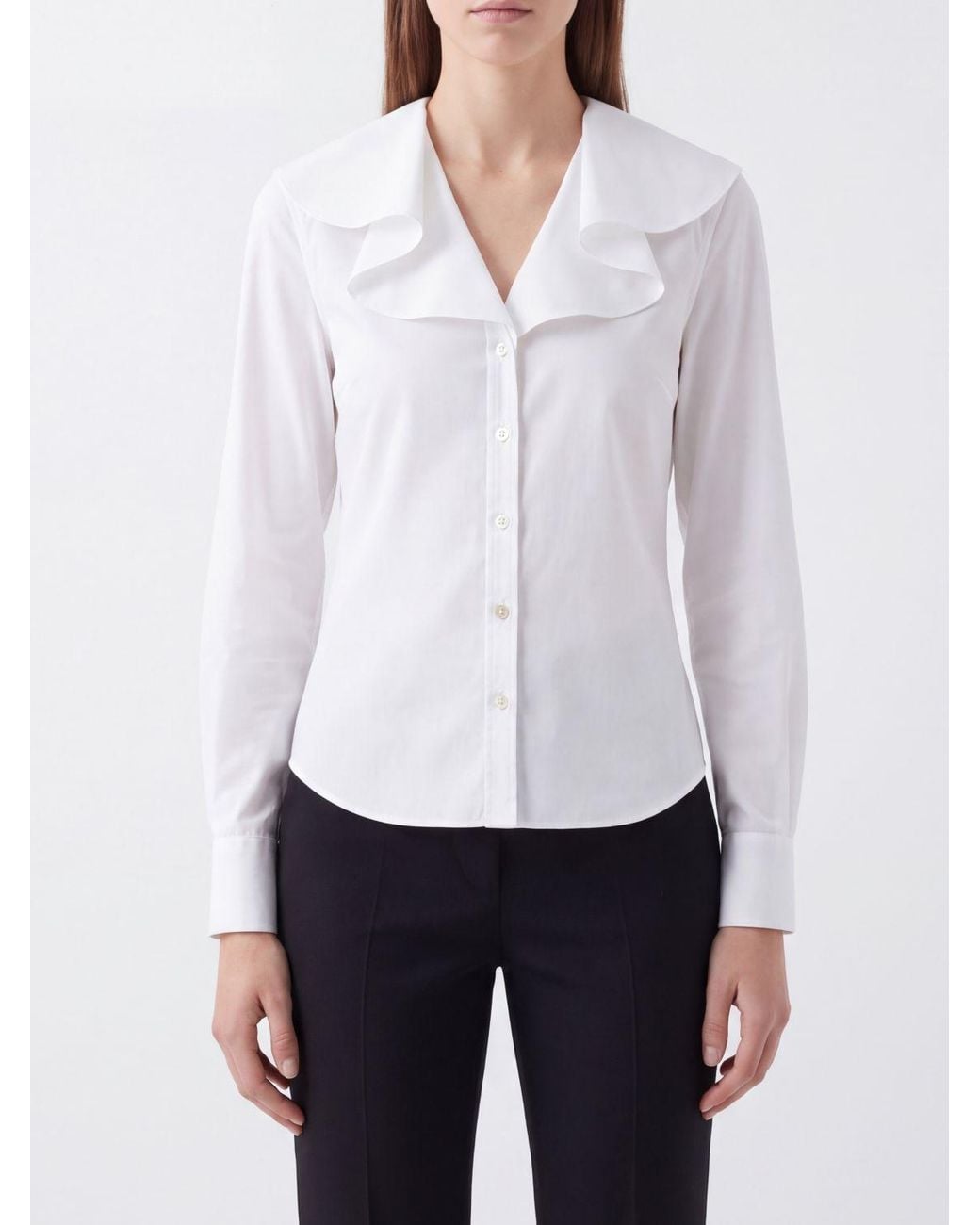 McQueen White Cotton Poplin Shirt With Ruffles And V-Neck
