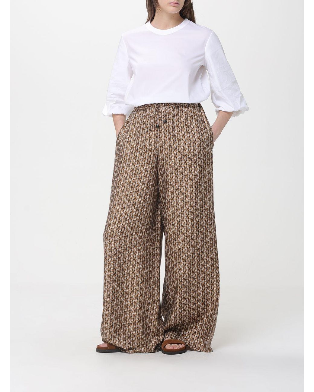 Max Mara Brown Printed Silk Palazzo Trousers