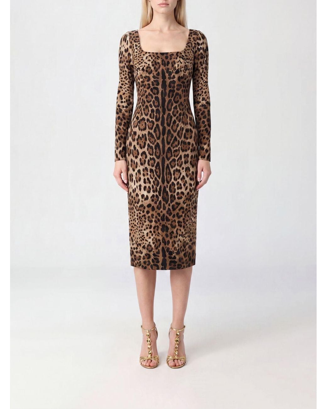Dolce & Gabbana Brown Dolce &Amp Gabbana Animal Print Viscose Sheath Midi Dress With Square Neckline