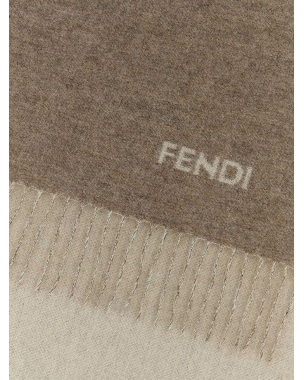 Fendi Natural Pure Cashmere Scarf With Embroidered Logo And Fringed Edges for men