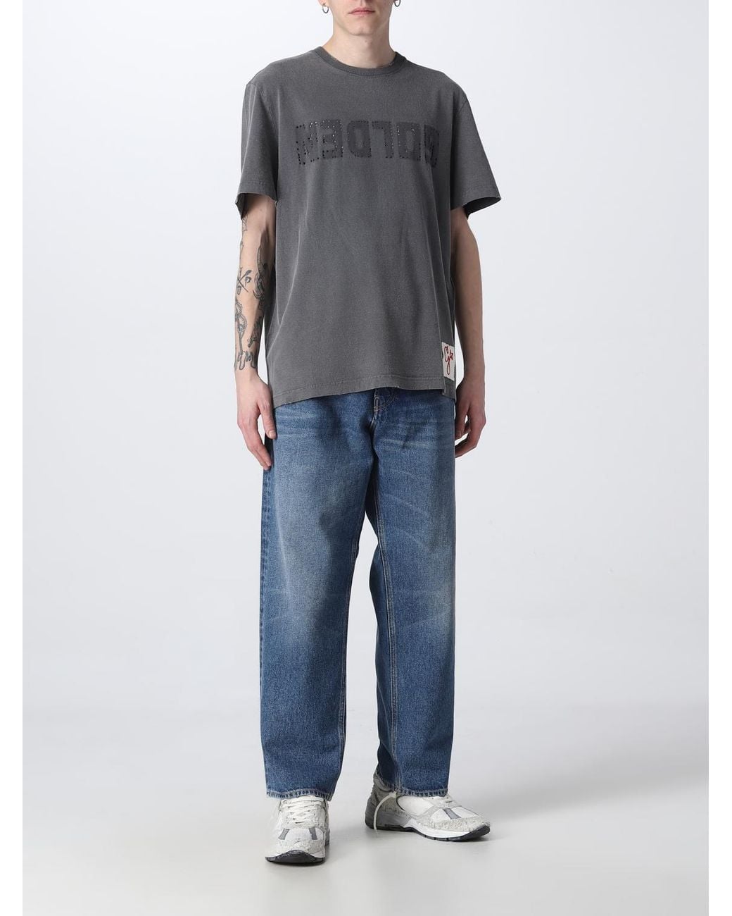 Golden Goose Deluxe Brand Gray Cotton T-shirt With Rhinestone Logo for men