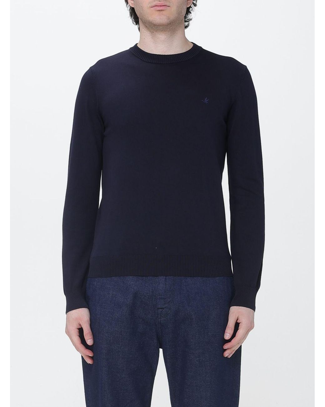 Brooksfield Blue Cotton Crew Neck Sweater With Logo for men