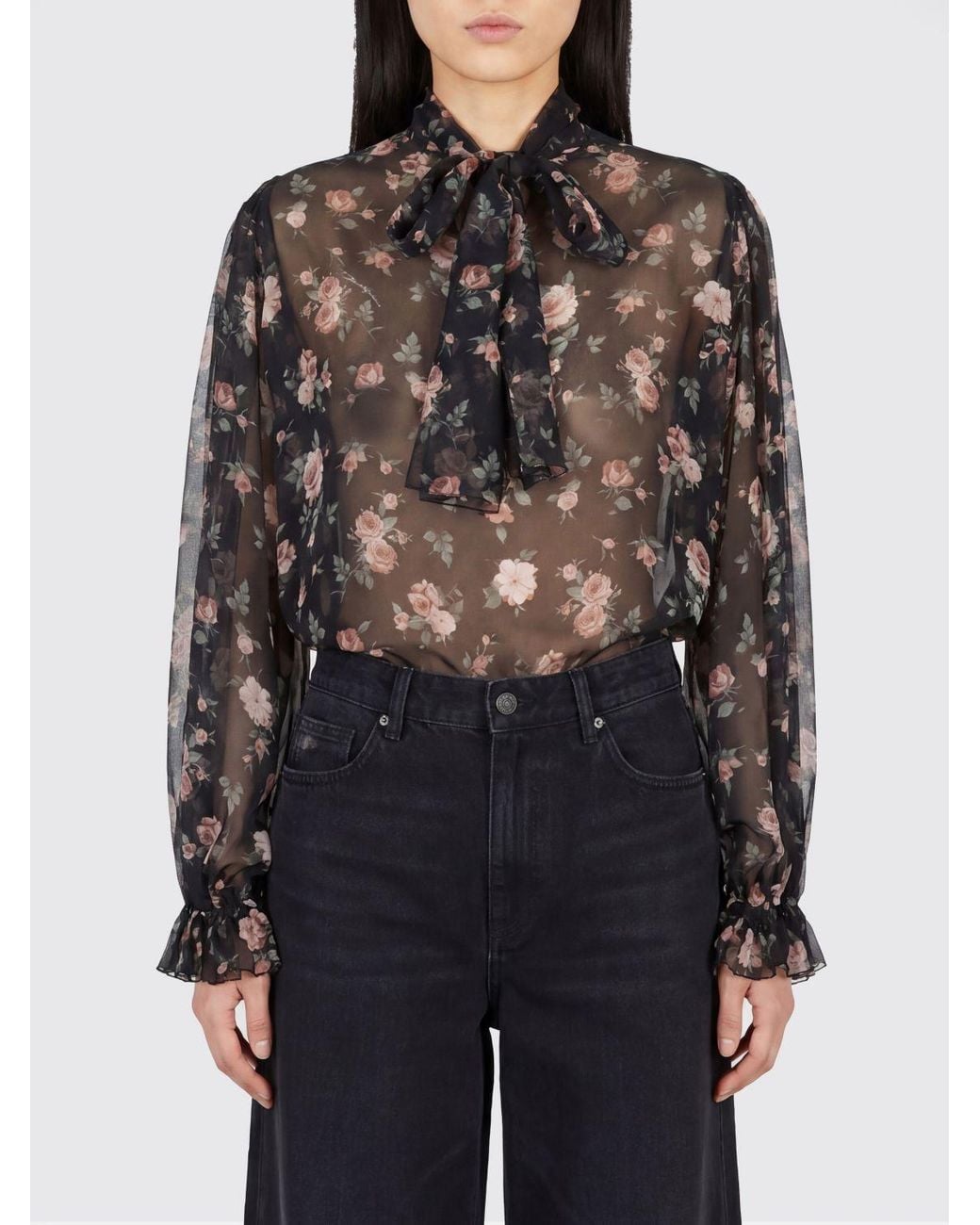 Dolce & Gabbana Black Dolce &Amp Gabbana Floral-Print Silk Blouse With Pussy-Bow Collar