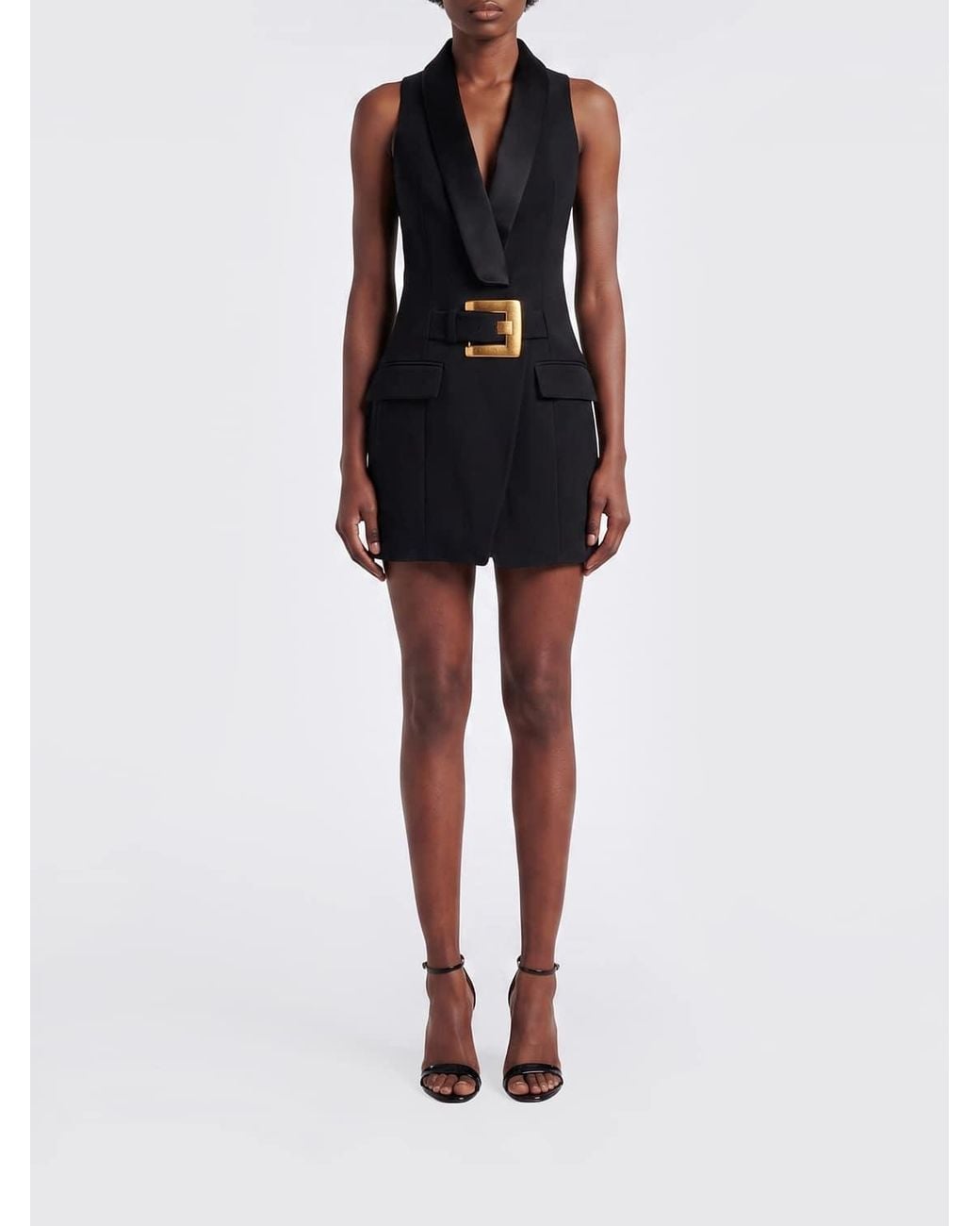 Balmain Black Off-The-Shoulder Merino Wool Blazer Mini Dress With Satin Shawl Collar