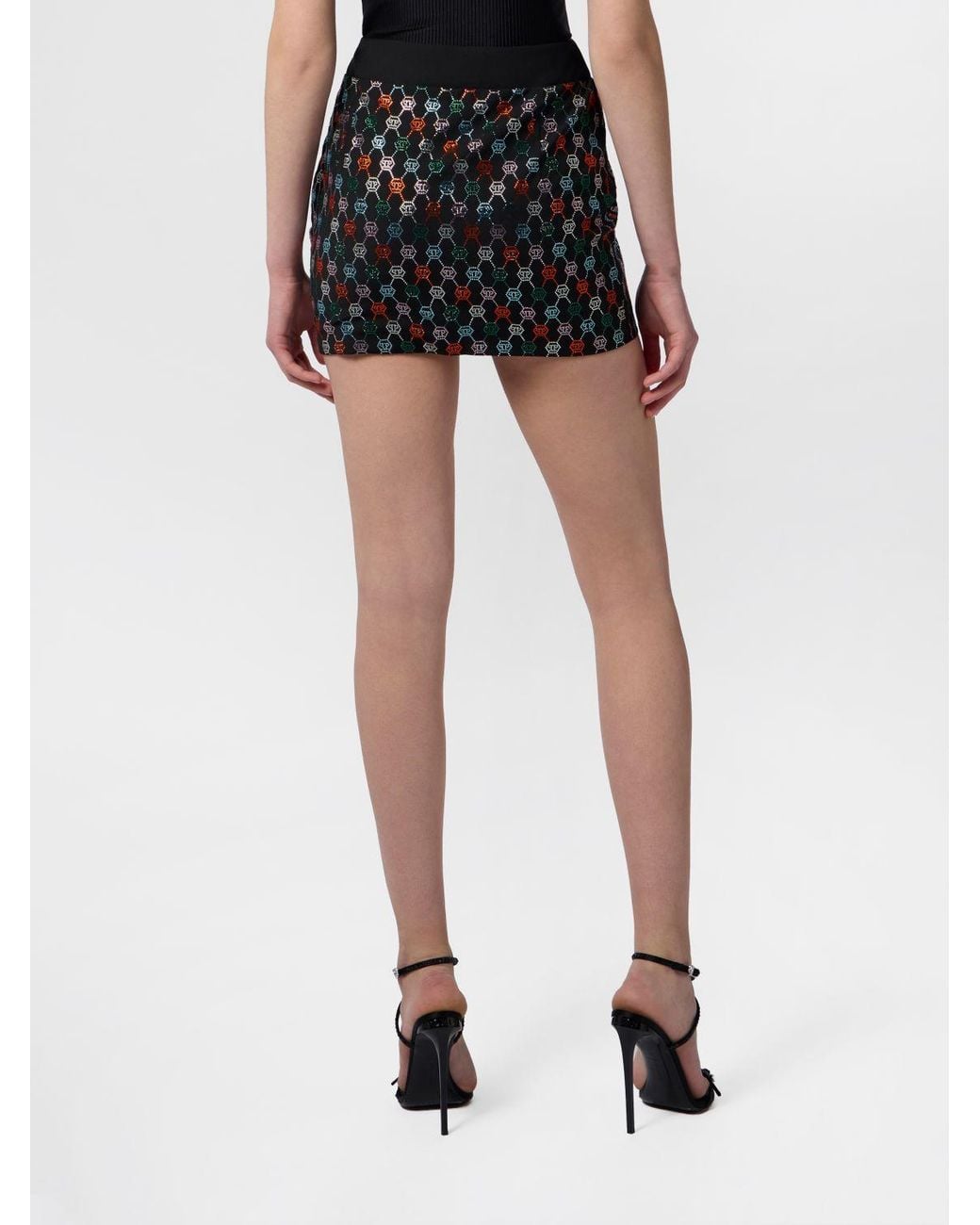 Philipp Plein Black Wool Pencil Mini Skirt With Rhinestone Hexagon Logo