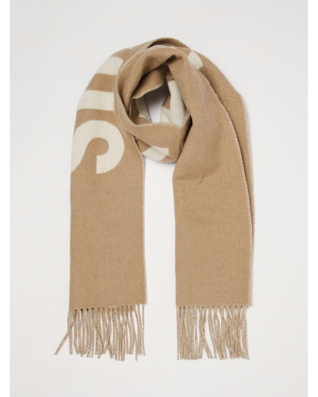 Jacquemus Natural Virgin Wool Scarf With Lettering Logo And Fringed Edges for men