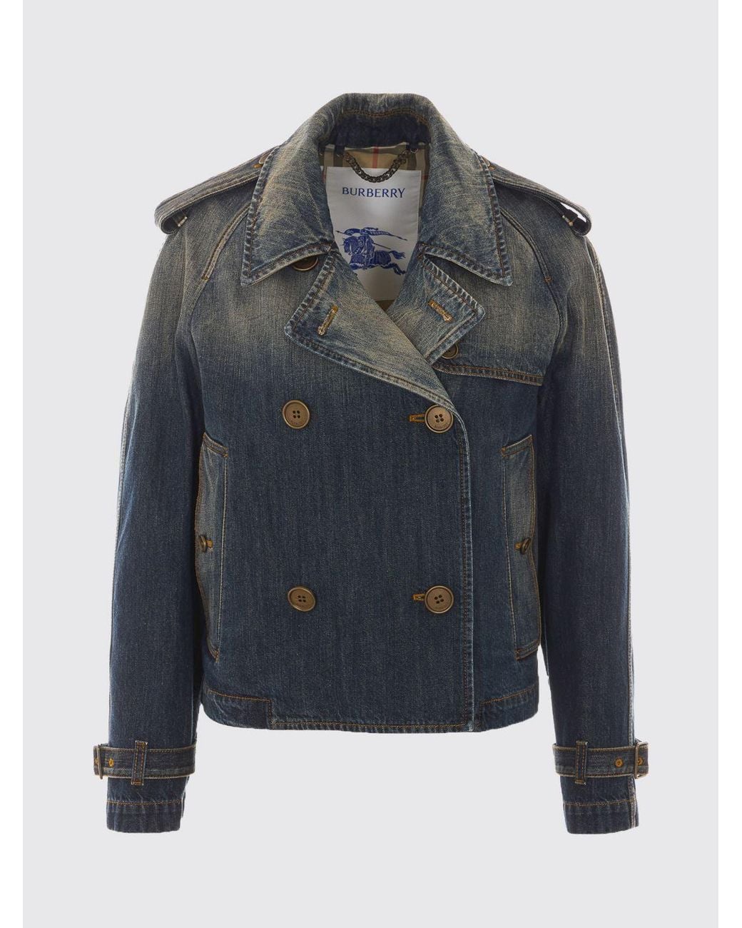 Burberry Blue Double-Breasted Short Vintage Denim Trench Coat With Epaulettes