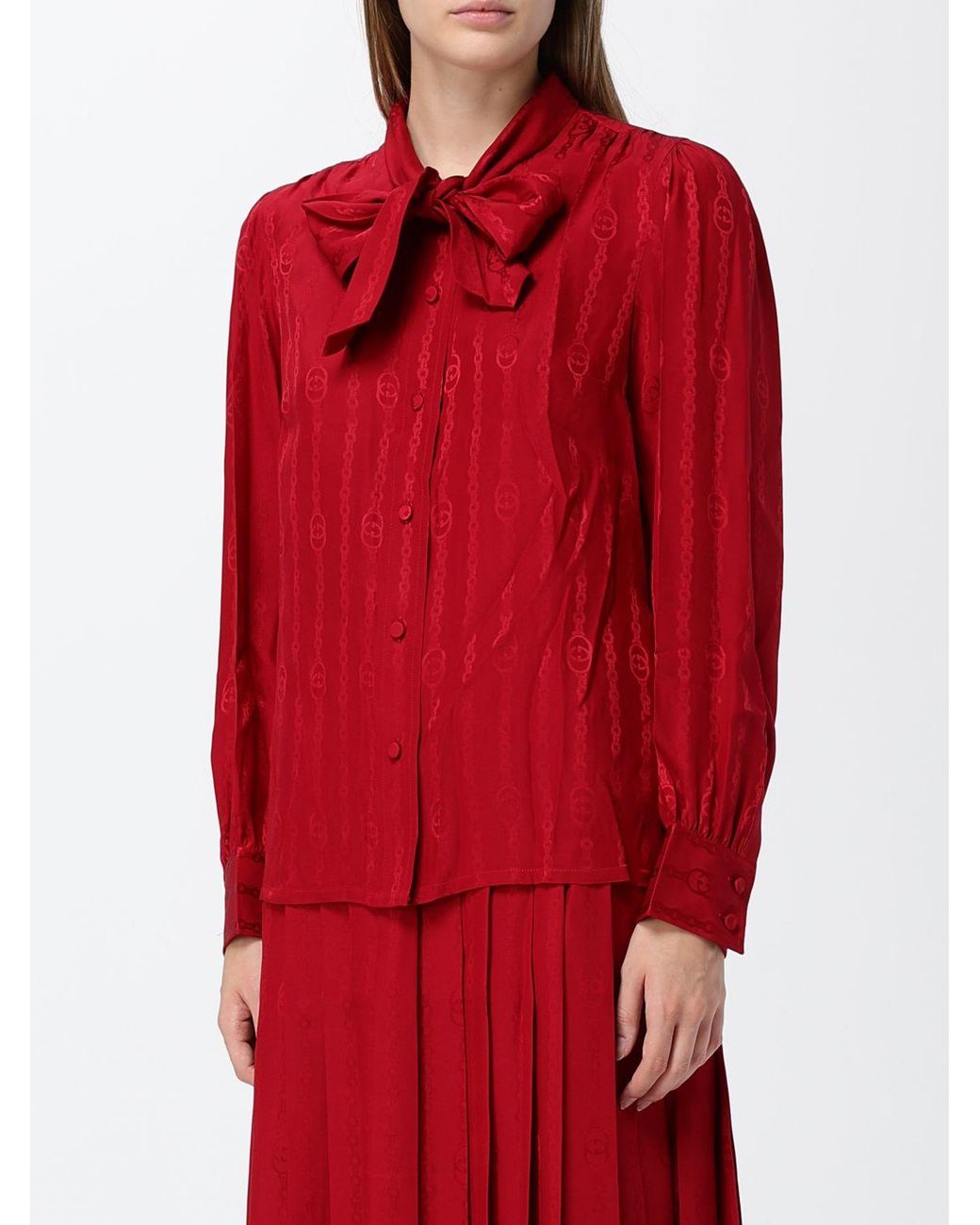 Gucci Red Pure Silk Pussy-Bow Blouse