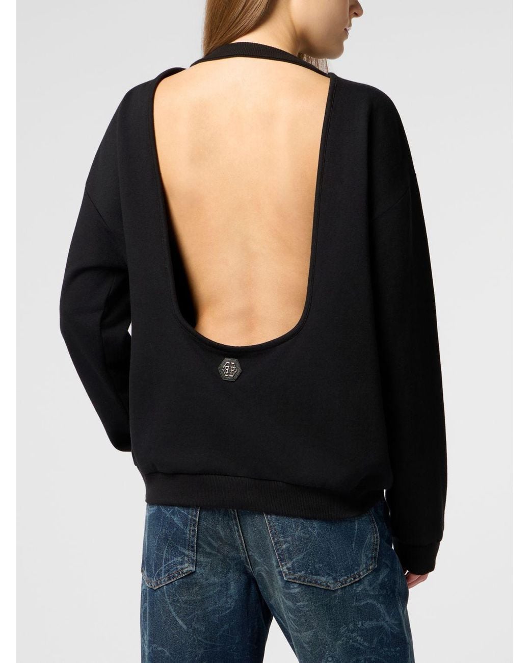 Philipp Plein Black Crewneck Cotton Sweatshirt With Logo And Jewelled Embellishments