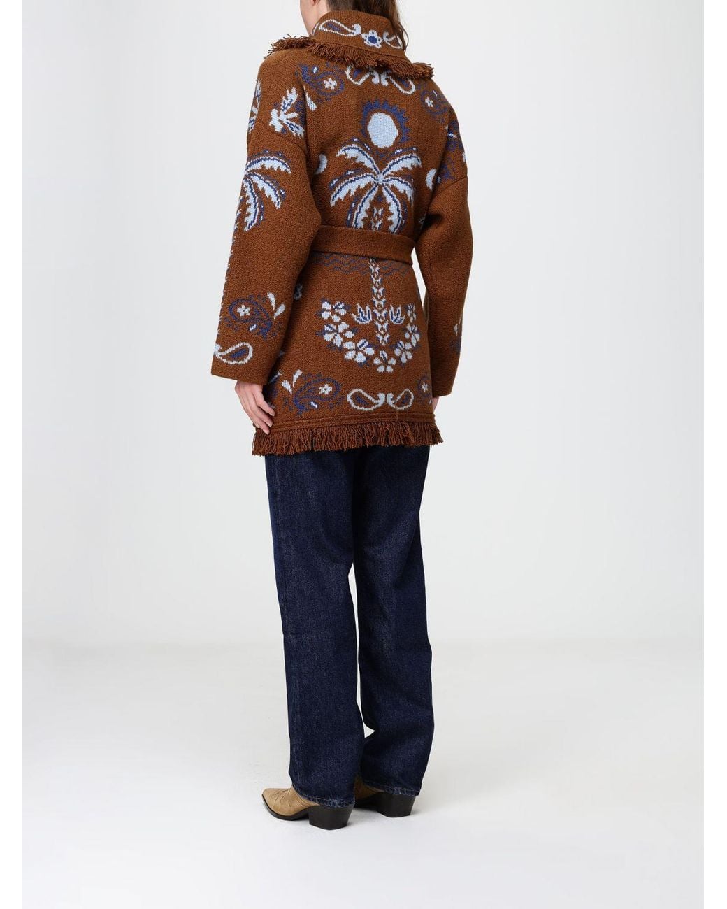 Alanui Blue Jacquard Wool And Cashmere Blend Cardigan With Fringed Trim And Belt