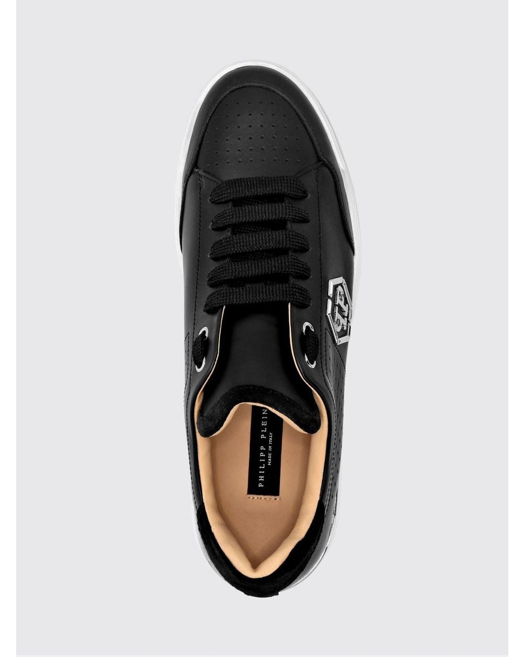 Philipp Plein Black Leather Low-Top Sneakers With Monogram Pattern And Applied Hexagon Logo for men