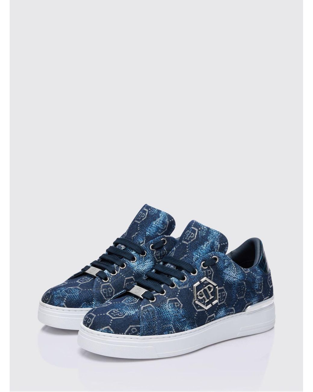 Philipp Plein Blue Bleached Denim Sneakers With Hexagon Jacquard for men