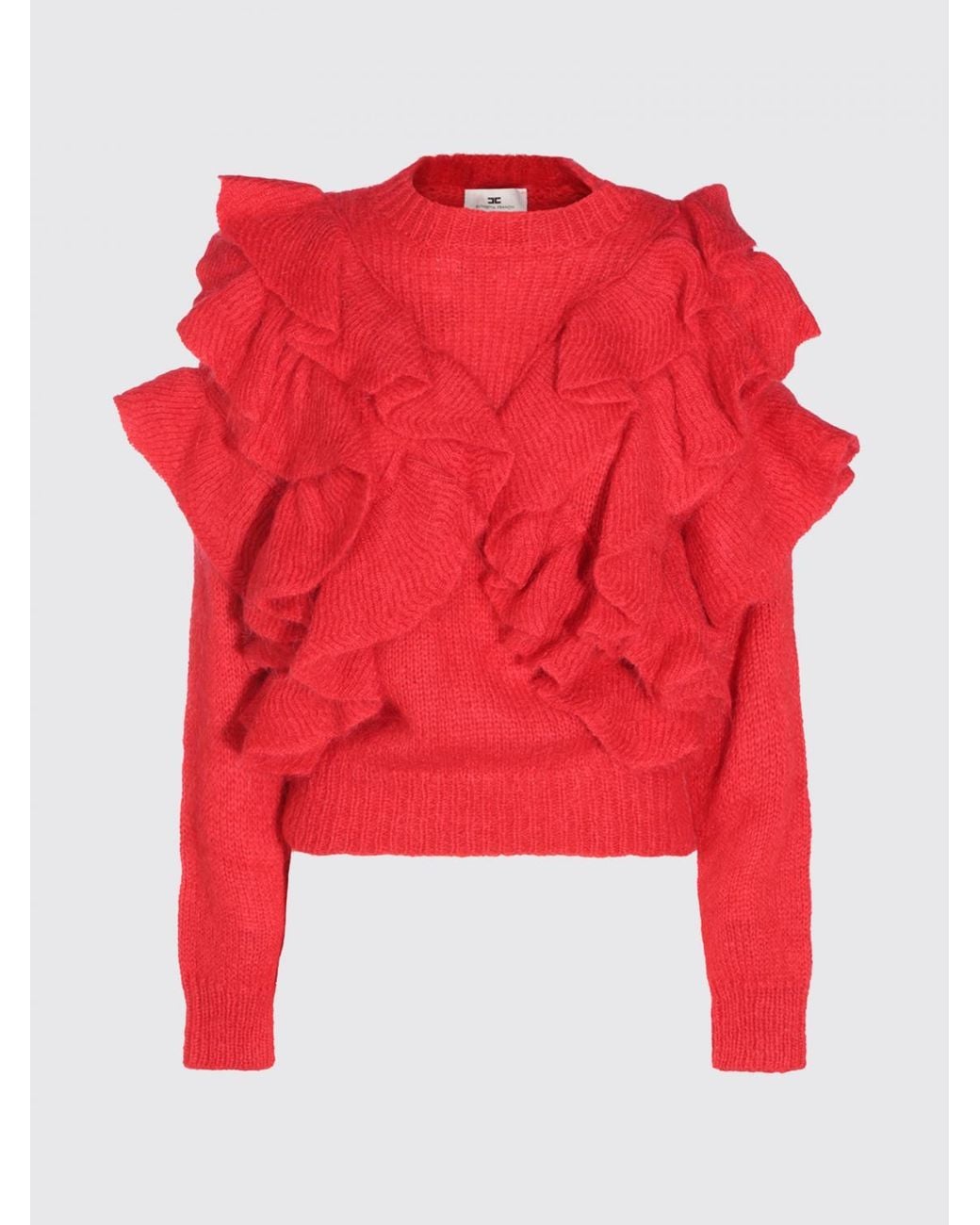 Elisabetta Franchi Red Ruffle-Detail Mohair Blend Crew Neck Jumper