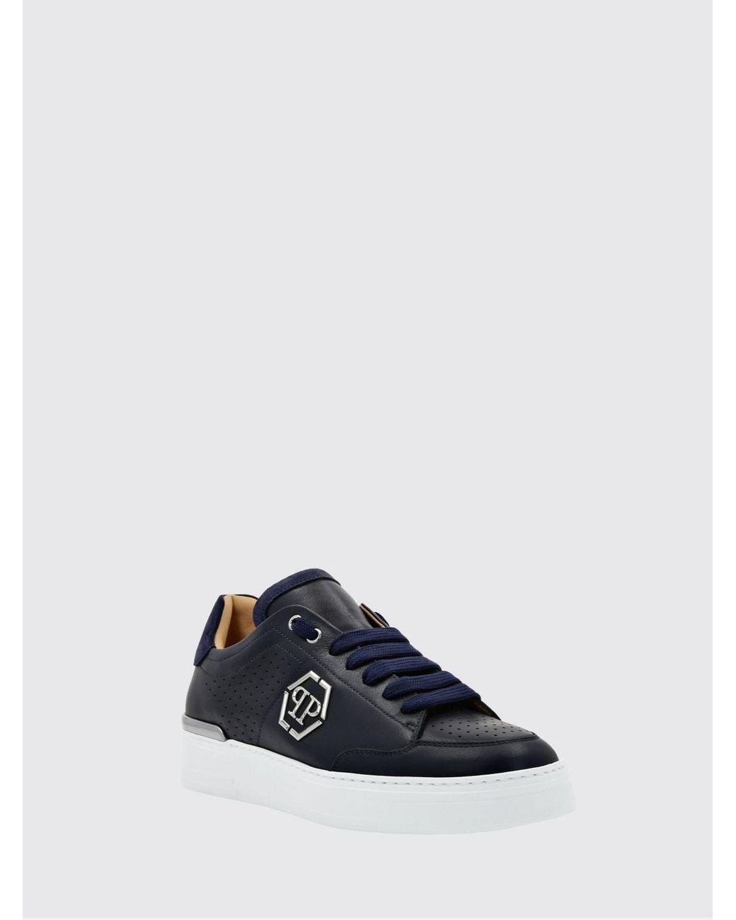 Philipp Plein White Leather Low-Top Sneakers With Monogram Pattern And Applied Hexagon Logo for men