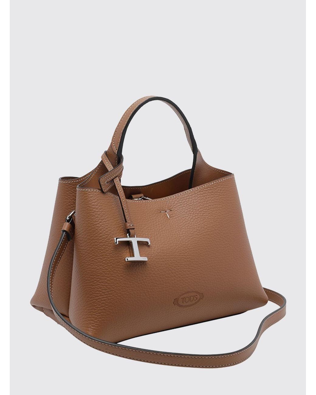 Tod's Brown Grained Leather Handbag With Removable Strap And Charm