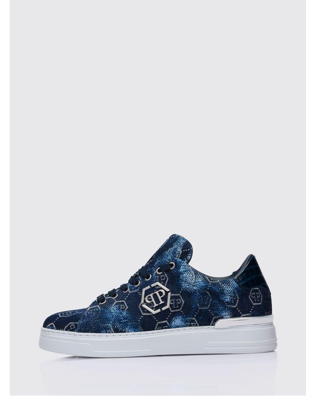 Philipp Plein Blue Bleached Denim Sneakers With Hexagon Jacquard for men