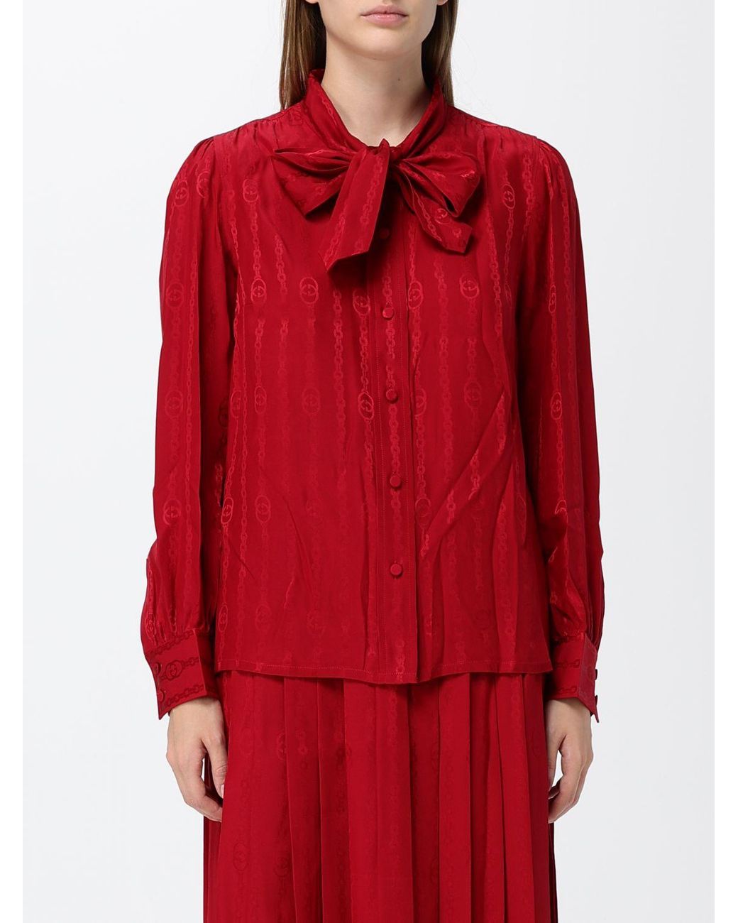 Gucci Red Pure Silk Pussy-Bow Blouse