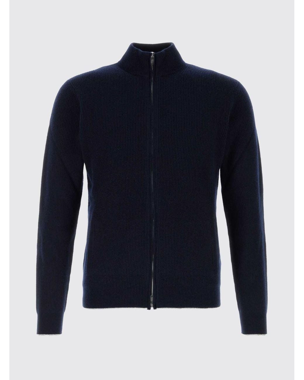 Fedeli Blue Pure Cashmere Zip-Up Cardigan With A Turtleneck Collar for men