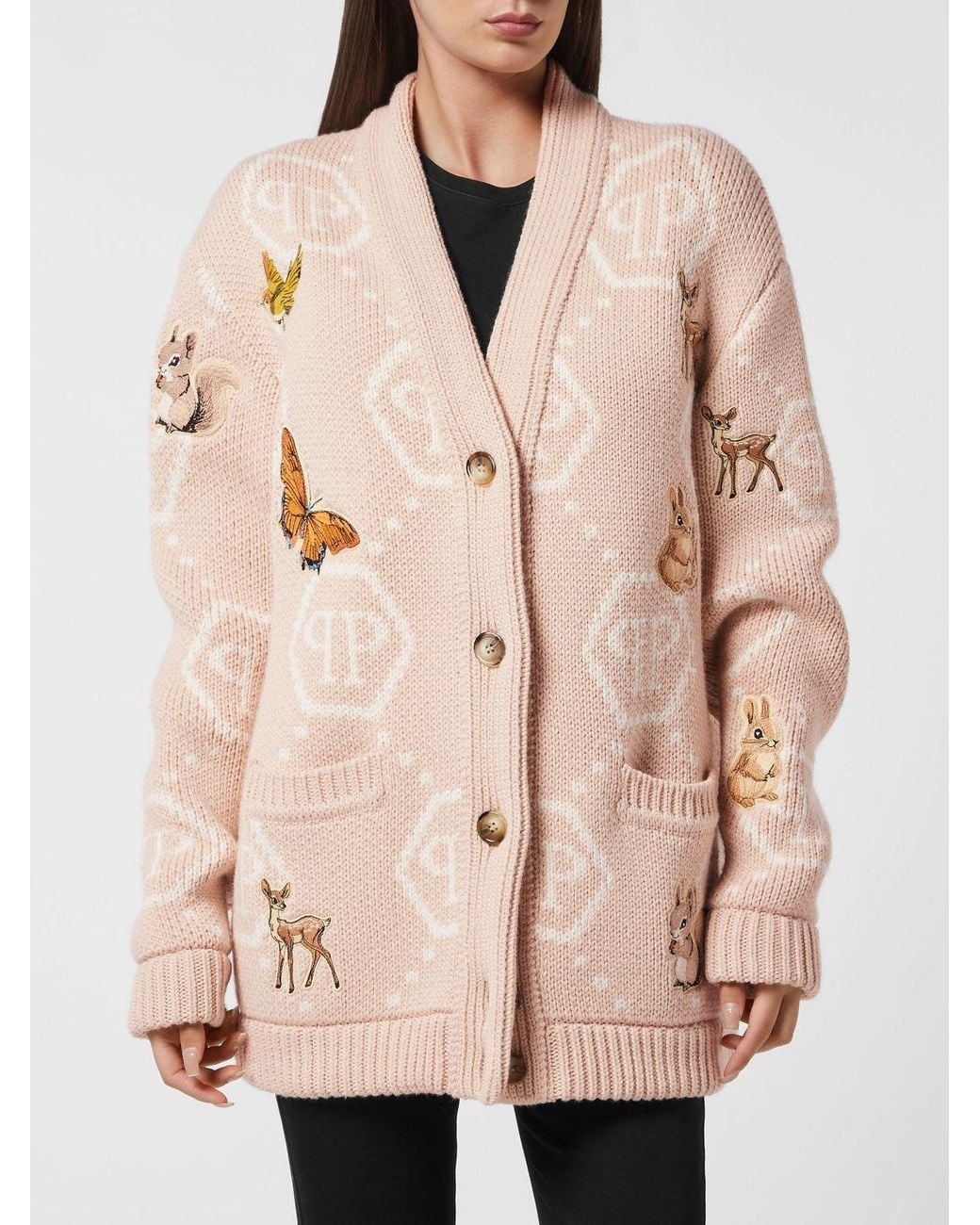 Philipp Plein Natural Fairy Jacquard Monogram Wool Blend V-Neck Cardigan