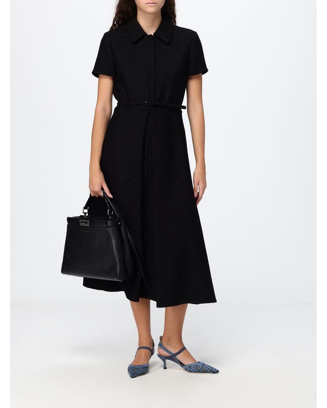Fendi Black Wool Bouclé Midi Shirtdress With Classic Collar And Belt