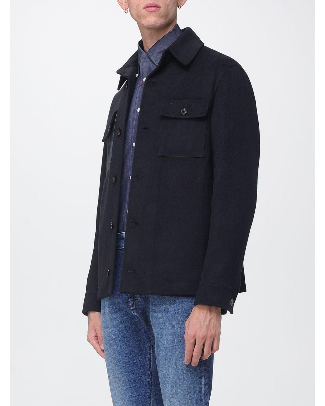 Luciano Barbera Blue Short Wool And Cashmere Coat With Patch Pockets for men
