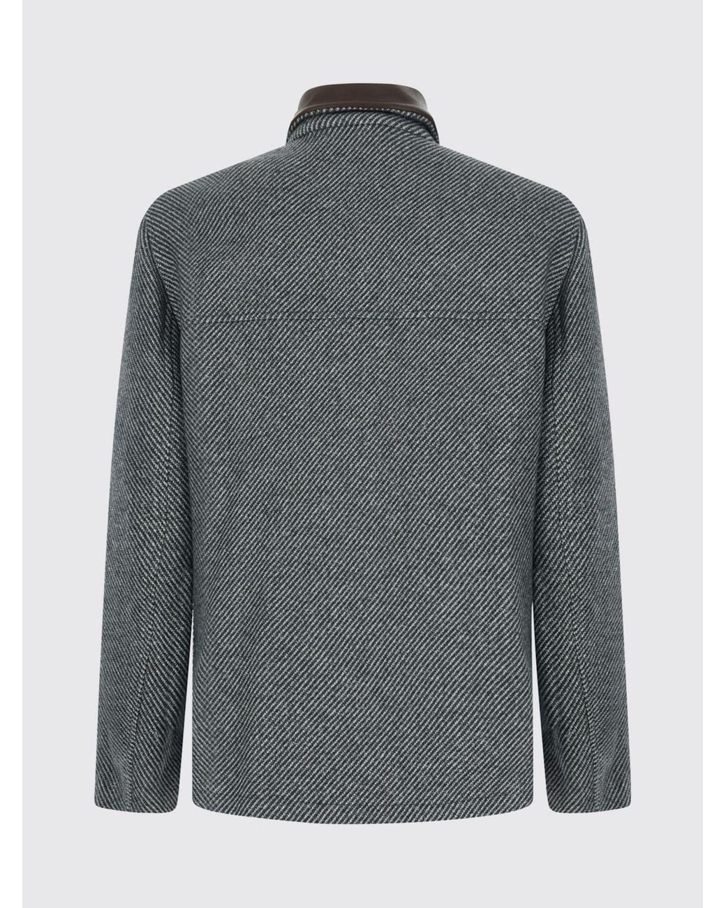 Brunello Cucinelli Gray Striped Cashmere Single-Breasted Peacoat With Leather Collar for men