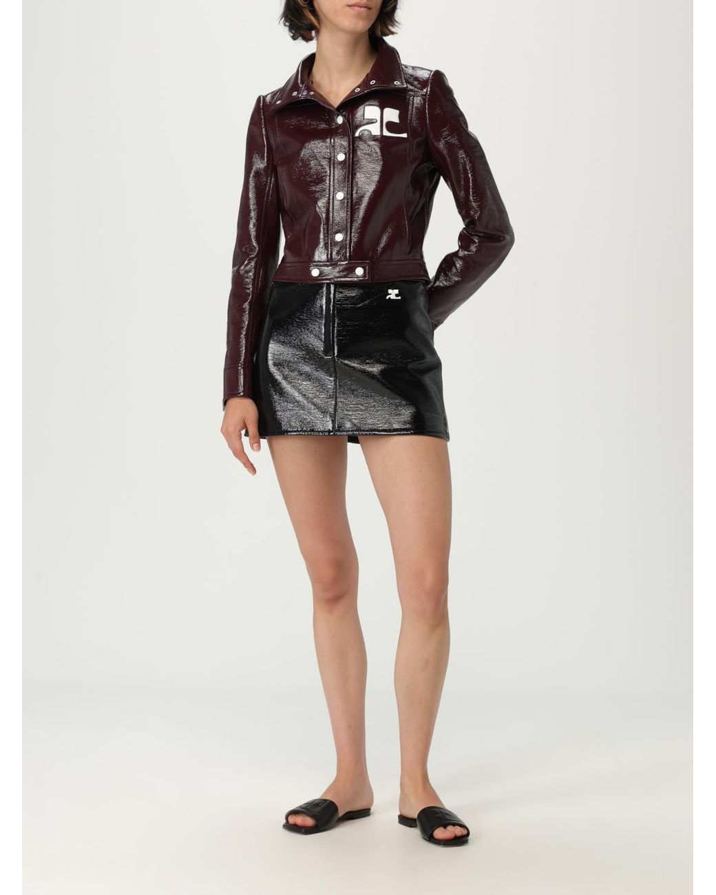 Courreges Black Cropped Shiny Effect Jacket With Long Sleeves And Button Closure