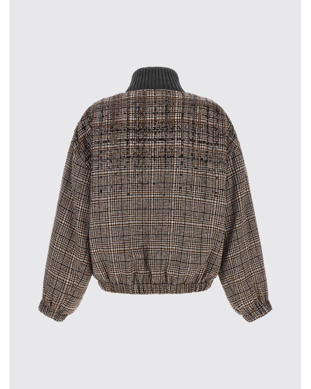 Brunello Cucinelli Brown Relaxed Fit Prince Of Wales Wool Bomber Jacket With Sequins