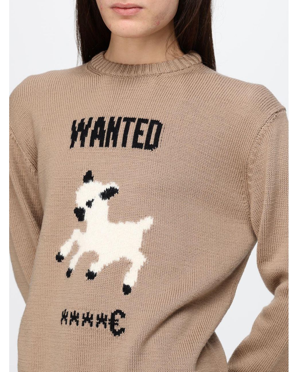 Moschino Couture Natural Pure Virgin Wool Crewneck Jumper With Front Graphic Print