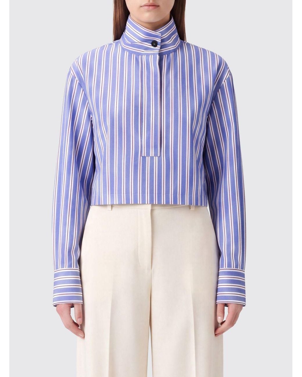 Liviana Conti Blue Striped Cotton Long-Sleeved Shirt With High Neck